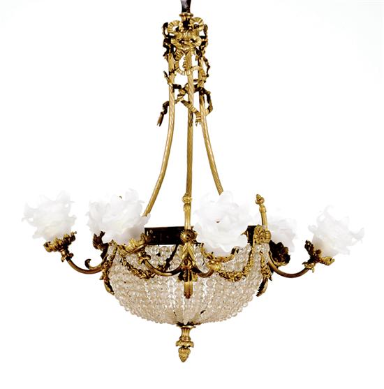 Appraisal: French bronze and crystal six-light chandelier circa ribbon-draped stem extending