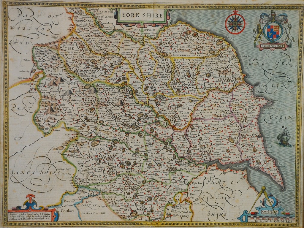 Appraisal: JOHN SPEED ENGRAVED COUNTY MAP OF YORKSHIRE with early colouring