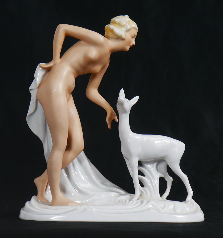 Appraisal: SCHAUBACH KUNST FIGURE OF A NUDE WITH DOE Figural nude