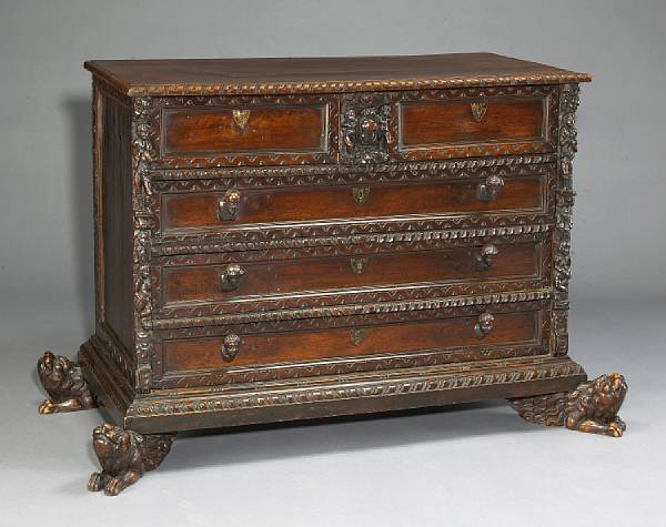 Appraisal: A fine Italian Renaissance carved walnut chest of drawers probably