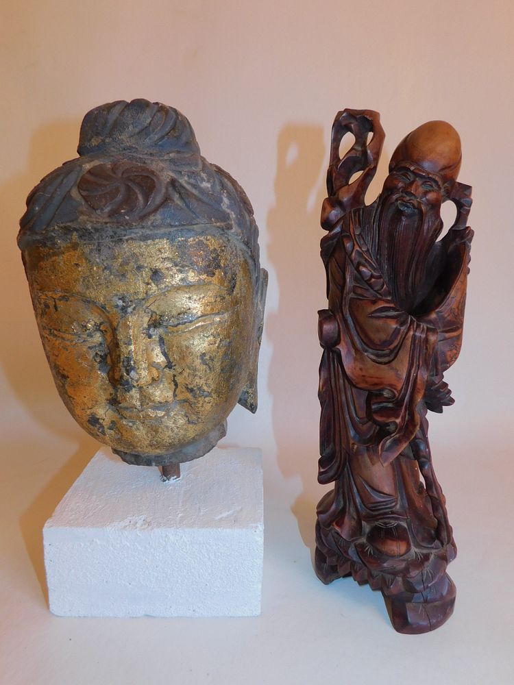 Appraisal: CHINESE STONE BUDDHA WOOD FIGURE An antique Chinese stone polychrome