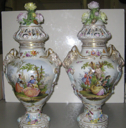 Appraisal: PAIR OF MEISSEN STYLE PORCELAIN LIDDED URNS Carl Thieme Potschappel