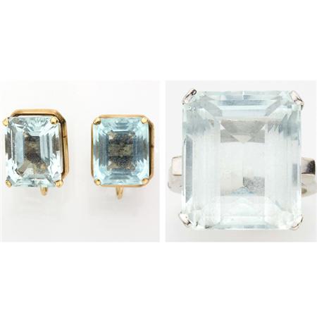 Appraisal: Aquamarine Ring and Pair of Gold and Simulated Aquamarine Earclips