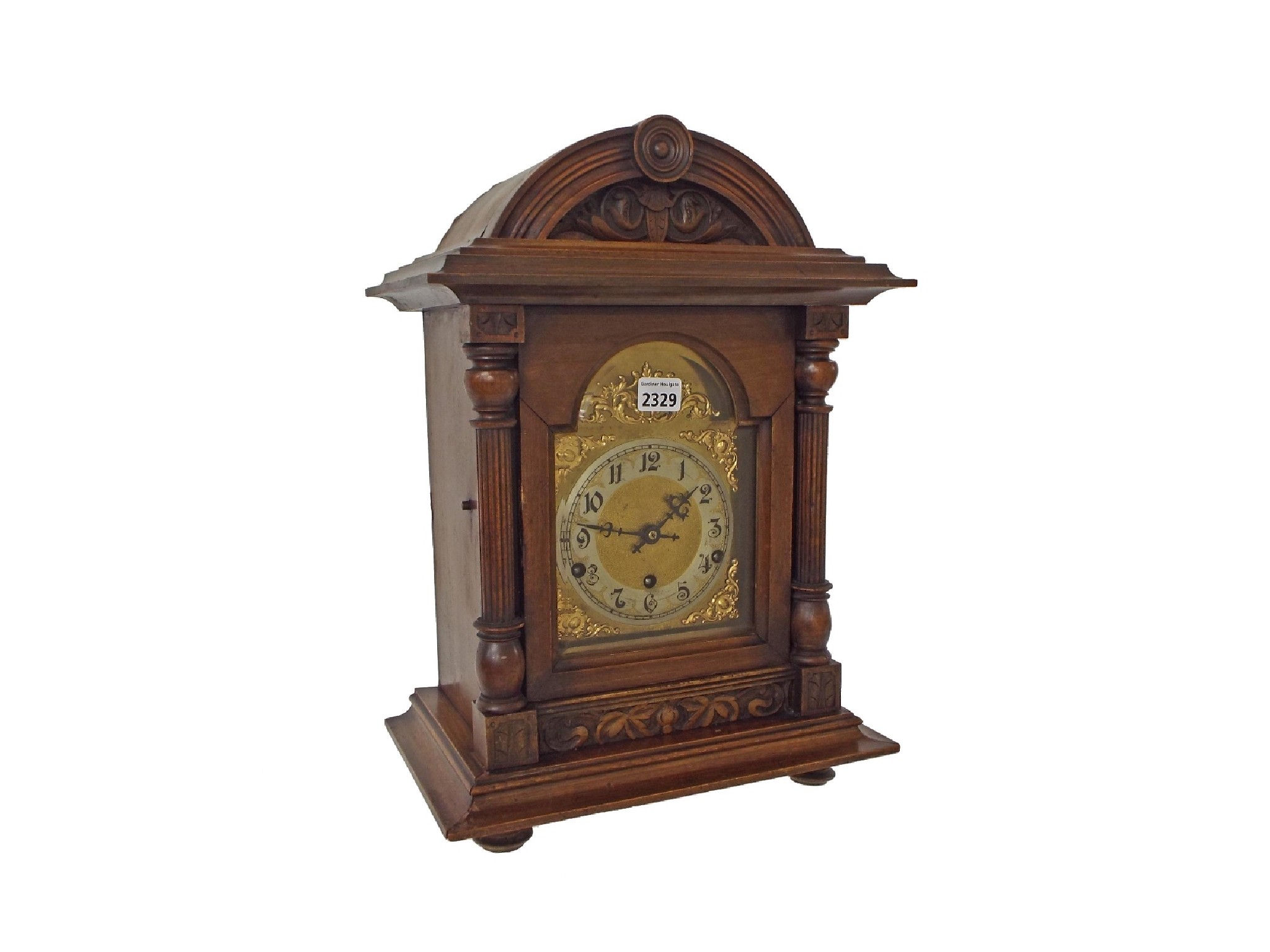 Appraisal: German walnut three train mantel clock the movement striking on