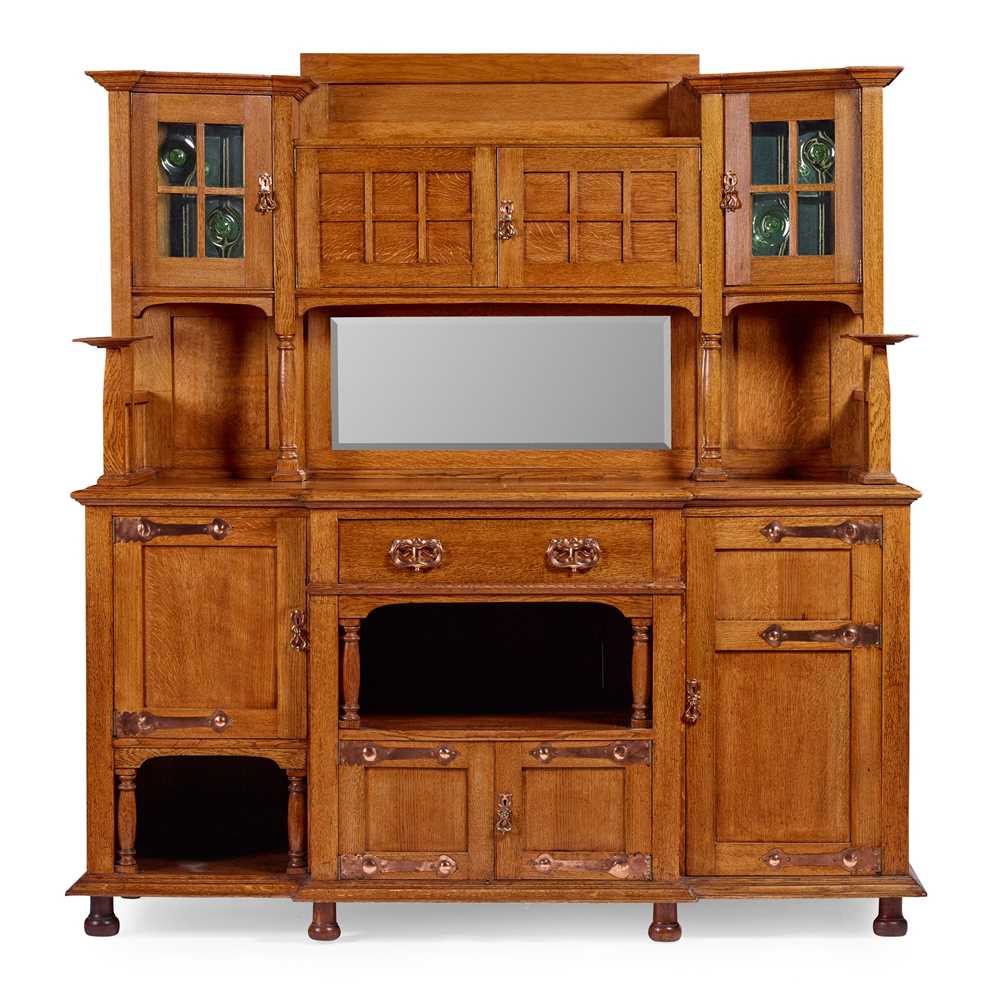 Appraisal: SHAPLAND PETTER BARNSTAPLE ARTS CRAFTS SIDEBOARD CIRCA oak with copper