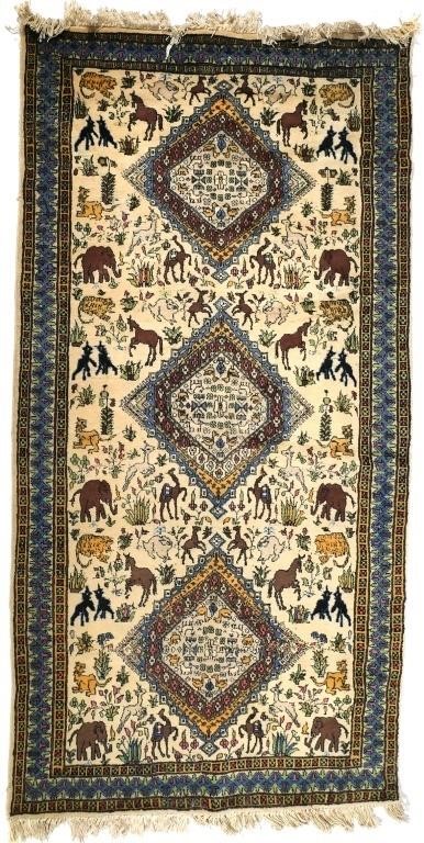 Appraisal: PERSIAN SHIRAZ PICTORIAL RUGBeautiful pictorial rug inhabited with camels elephants