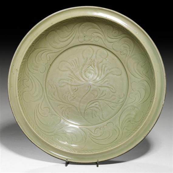 Appraisal: A CLASSICAL CELADON DISH WITH ENGRAVED LOTOS DESIGN China Yuan