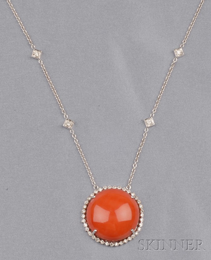 Appraisal: kt White Gold Coral and Diamond Pendant set with a