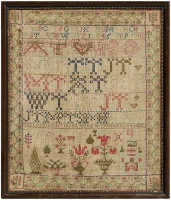 Appraisal: Scottish sampler eight lines of letters and numbers over flowerpots