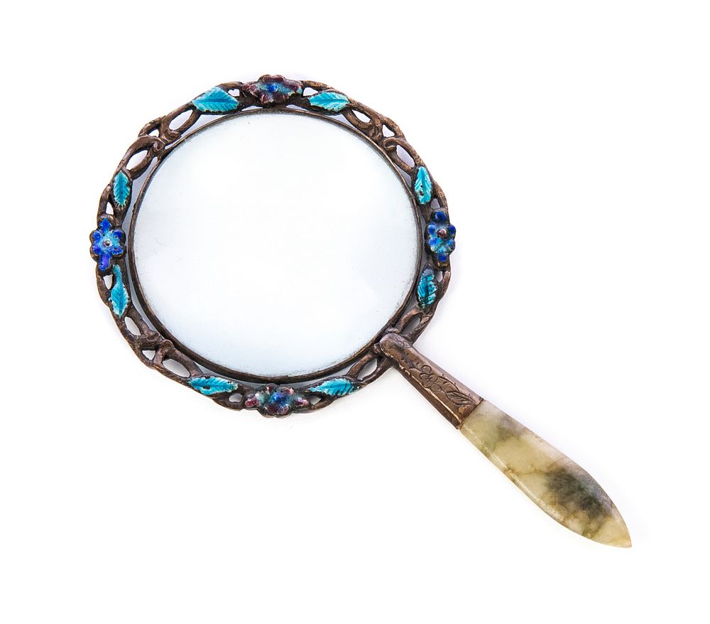 Appraisal: Enamel Silver jade magnifying glass Enamel Silver jade magnifying glass