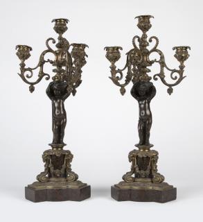 Appraisal: Pair of Continental patinated bronze candelabra Late th early th