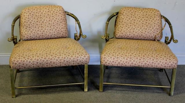 Appraisal: Midcentury Pair of Asian Modern Brass Low Chairs Probably Mastercraft