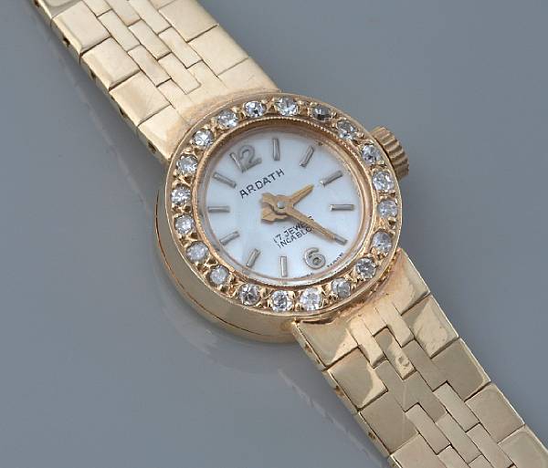 Appraisal: An k gold bracelet wristwatch with diamond bezel Ardath jewel