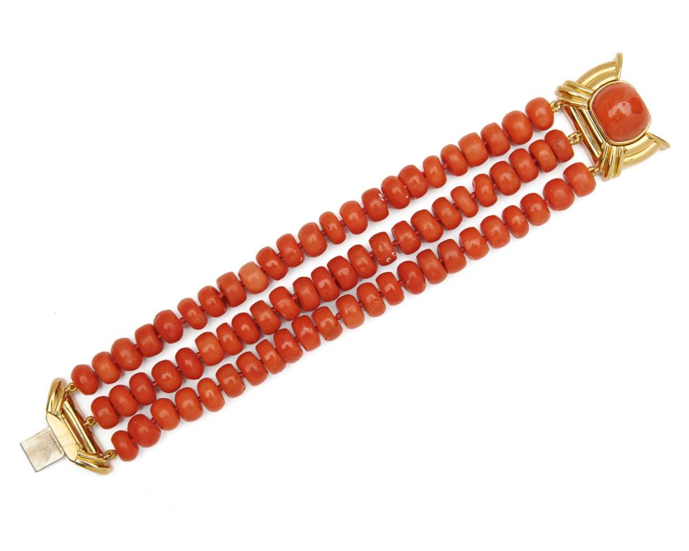 Appraisal: K Gold and Coral Bracelet the triple-strand bracelet comprising cylindrical