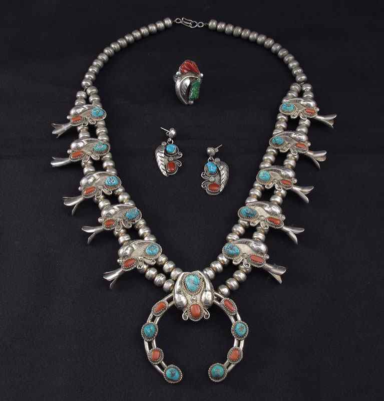 Appraisal: NATIVE AMERICAN SILVER SQUASH BLOSSOM NECKLACE RING AND EARRINGS All