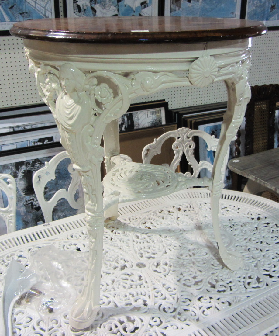 Appraisal: A white painted cast iron pub table with mask decoration