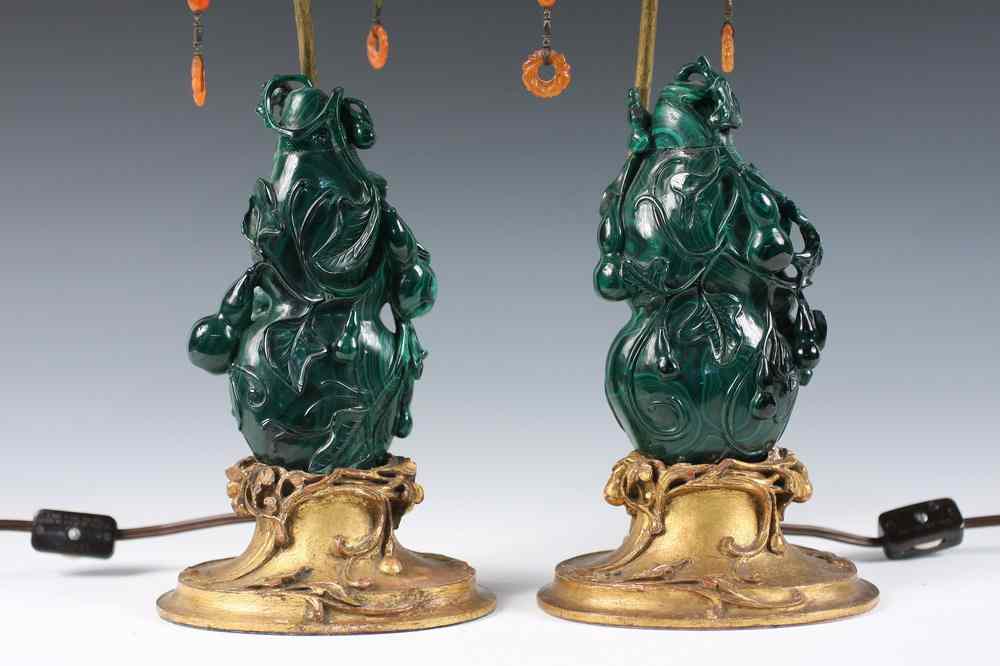 Appraisal: PAIR MALACHITE BASED TABLE LAMPS - Chinese Carved Malachite Eggplants