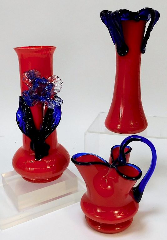 Appraisal: PC Kralik Red and Blue Bohemian Art Glass Vases Bohemia