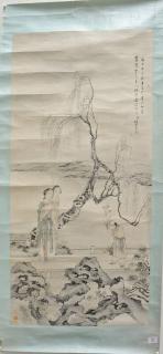 Appraisal: Oriental scroll watercolor on paper of two geishas and a