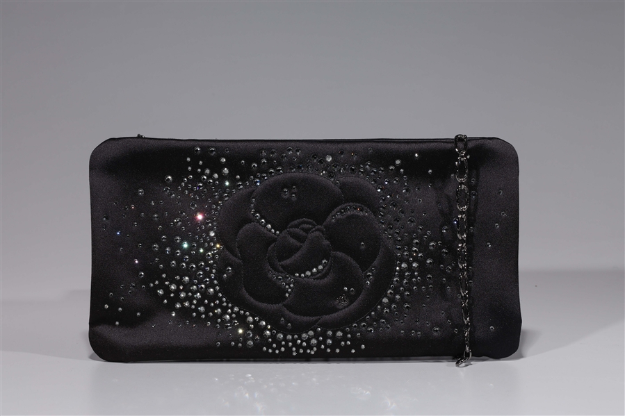 Appraisal: Circa - Chanel black satin Camellia flower clutch authenticity card