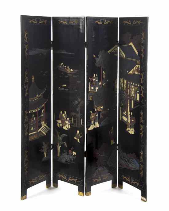 Appraisal: A Chinese Lacquer Four-Panel Floor Screen decorated with figures in