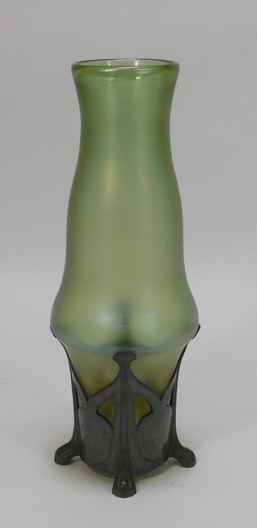 Appraisal: GREEN IRIDESCENT BOHEMIAN ART GLASS VASE Bohemia th CenturyShapely deco