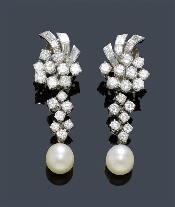 Appraisal: DIAMOND AND PEARL EAR PENDANTS circa White gold Fancy ear