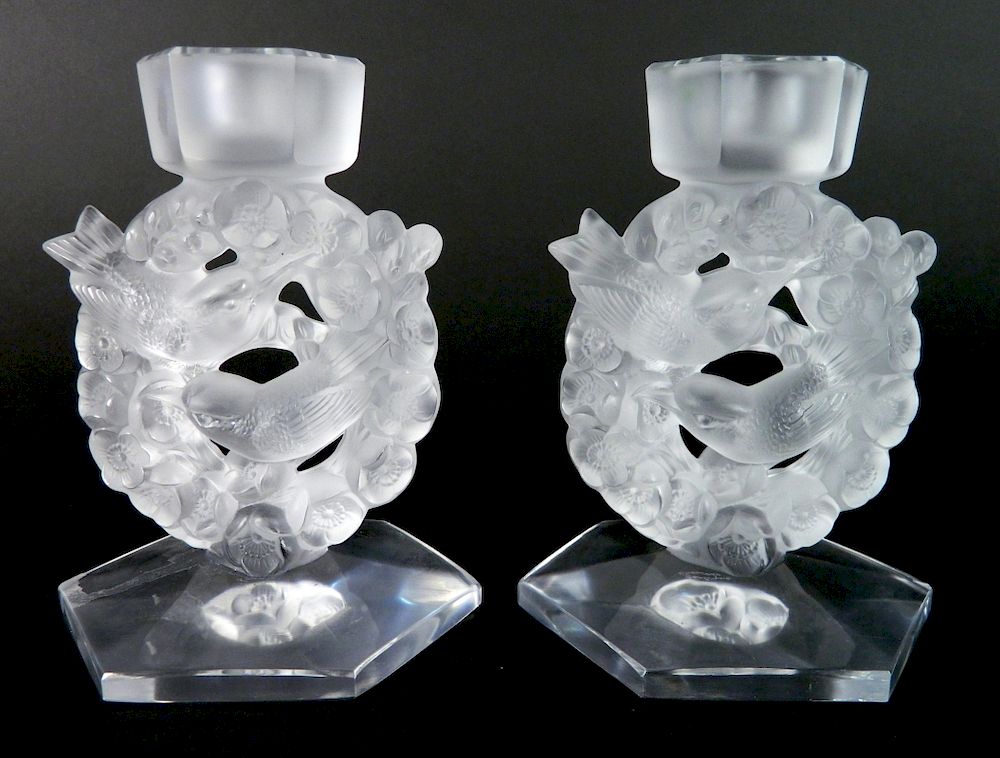 Appraisal: Lalique galss 'Mesanges' candlesticks Lalique glass candlesticks in the ''Mesanges''