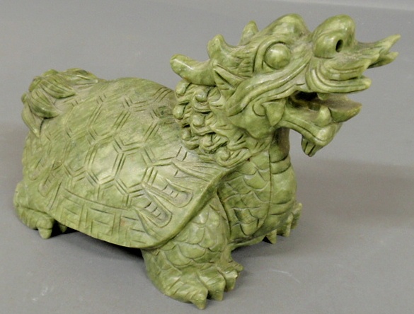 Appraisal: - Carved Asian green hard stone figure of a turtle-dragon