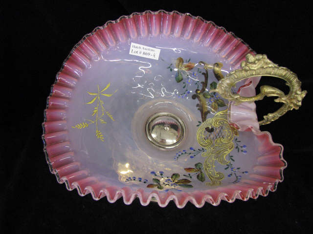 Appraisal: Victorian Cranberry Opalescent Art Glass Brides Bowl enameled floral ruffle