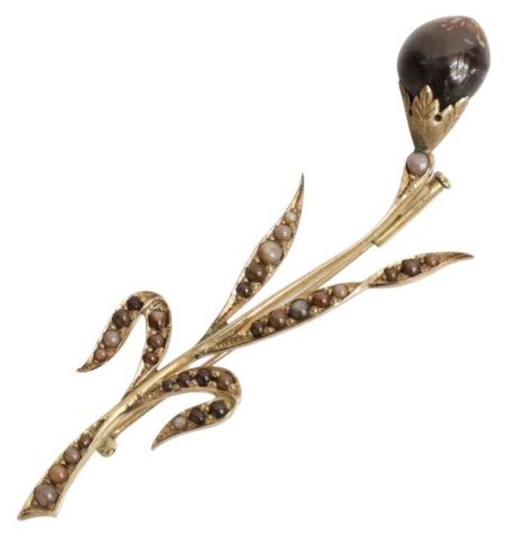 Appraisal: Estate brooch pearl flower bud in gilt metal mount leaves