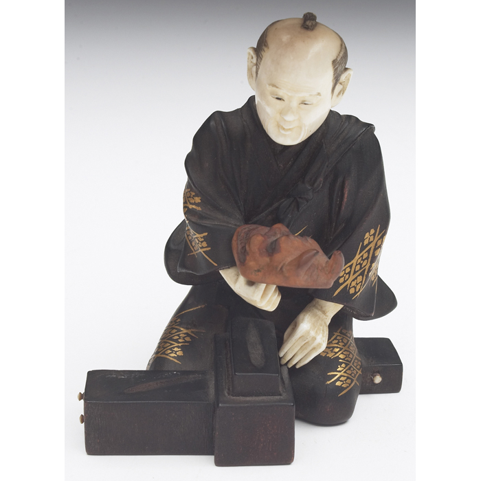 Appraisal: Japanese sculpture Meiji period seated figure holding a mask lacquered