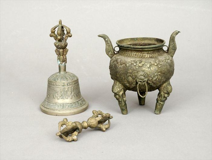 Appraisal: Indian Brass Bell a Finial and a Tripod Jar to