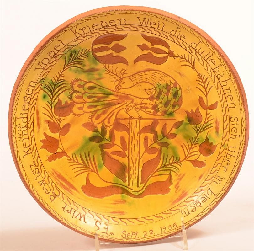 Appraisal: Stahl Redware Sgraffito Decorated Plate Stahl Redware Pottery Green and