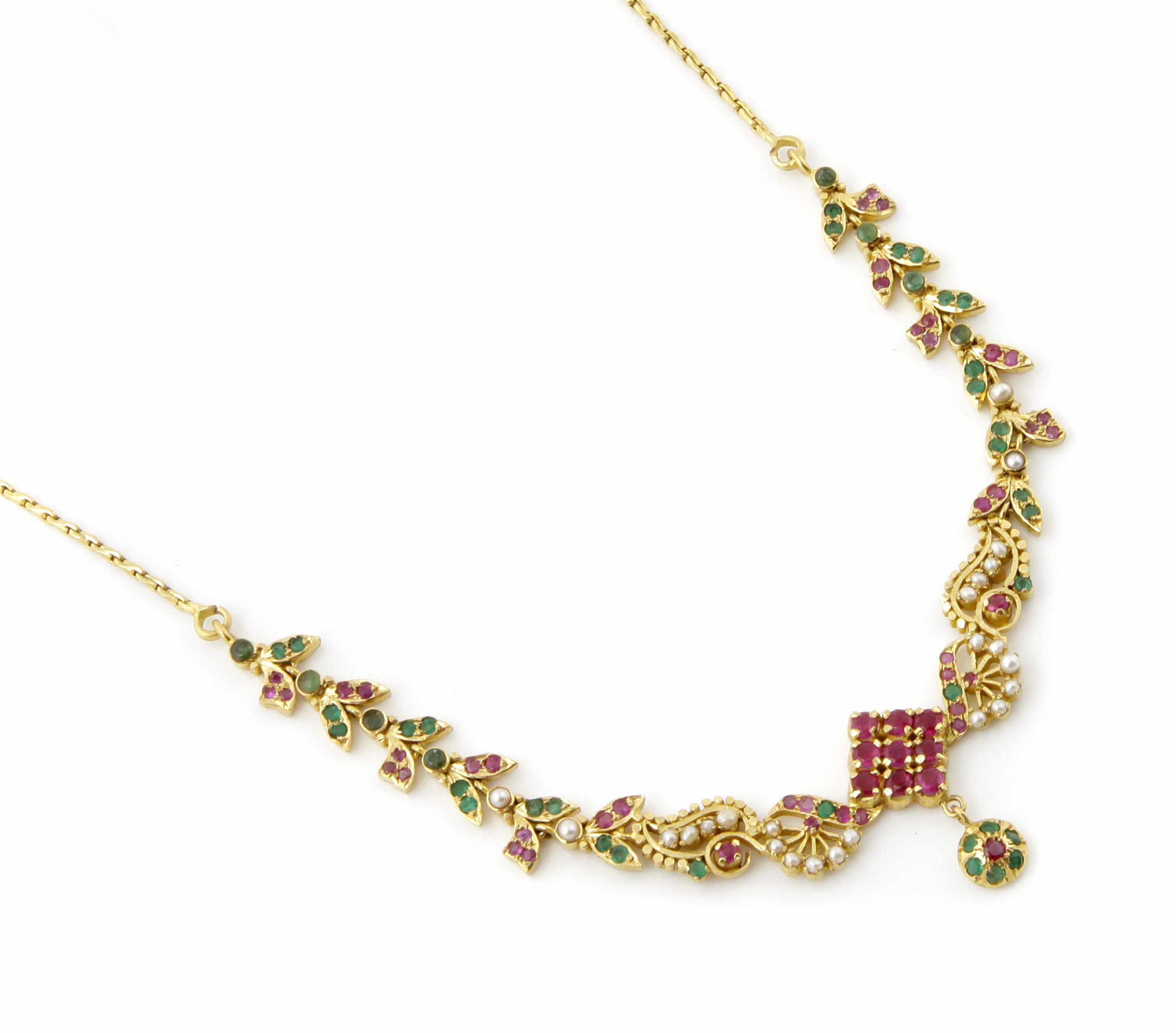 Appraisal: A ruby seed pearl emerald and gold necklace length -