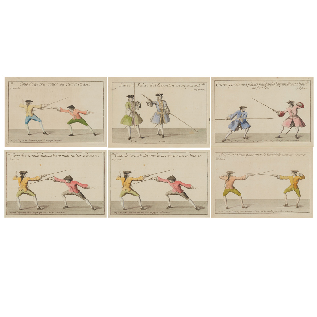 Appraisal: Artist Unknown FENCING SCENES Eight hand-colored engravings Sight of each