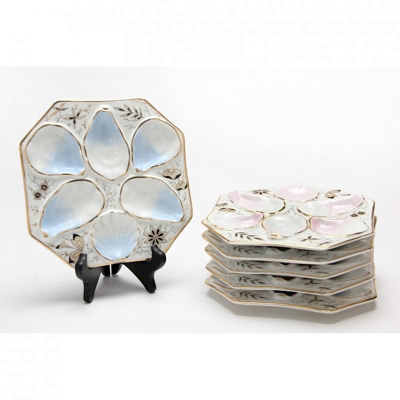 Appraisal: Set of Six Continental Octagonal Porcelain Oyster Plates each gilt