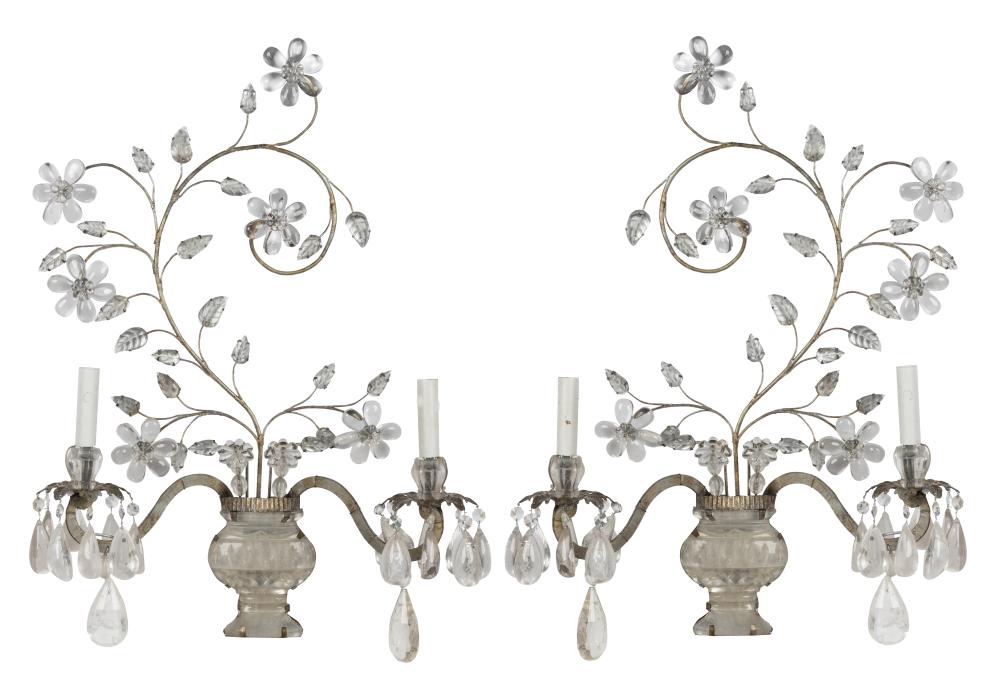 Appraisal: PAIR OF ROCK CRYSTAL METAL TWIN-LIGHT SCONCESin the style of