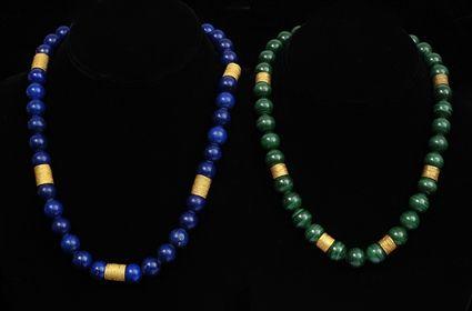 Appraisal: MALACHITE AND GOLD BEAD NECKLACE TOGETHER WITH A LAPIS AND