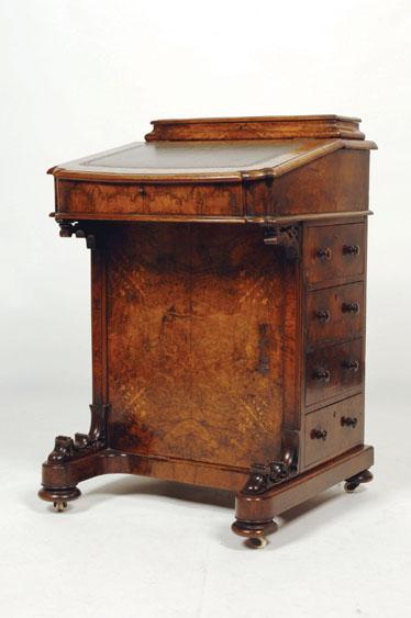 Appraisal: A VICTORIAN BURR WALNUT AND MARQUETRY DAVENPORT the hinged top