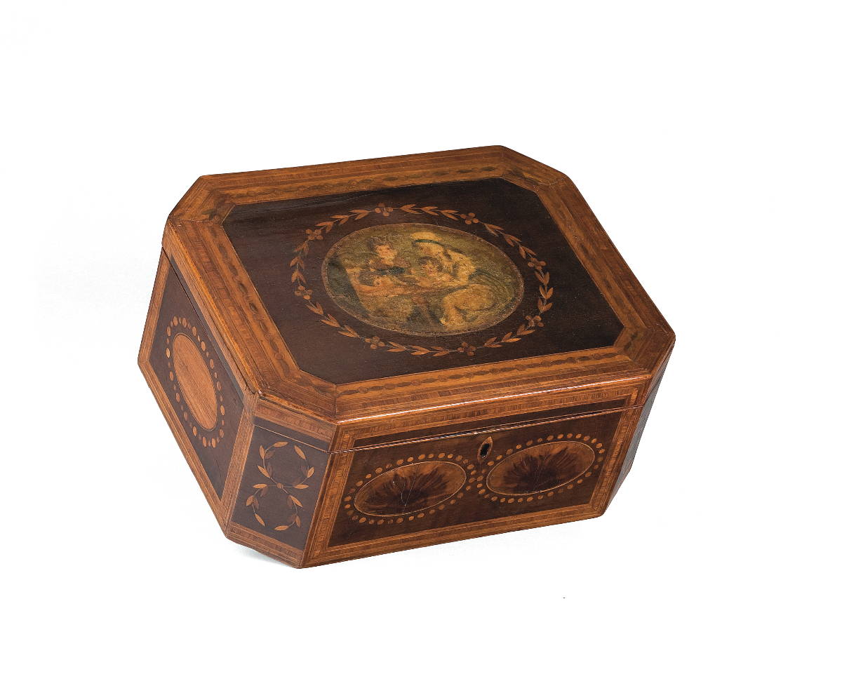 Appraisal: REGENCY DECOUPAGE-DECORATED SATINWOOD-INLAID OCTAGONAL BOX THE COVER APPLIED WITH AN