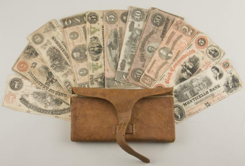 Appraisal: Virginia Confederate Soldier's Currency Hoard compartmentalized leather wallet x in