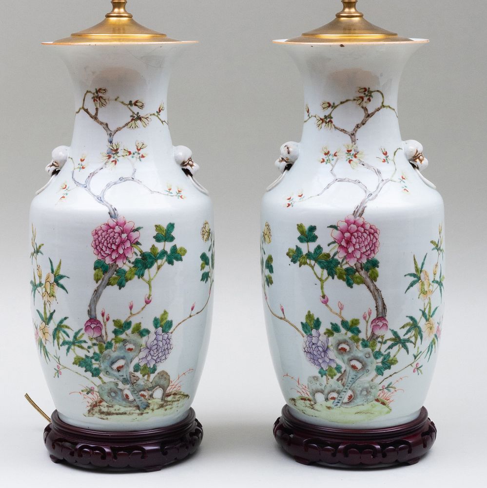 Appraisal: Pair of Chinese Porcelain Baluster Vases Mounted as Lamps The