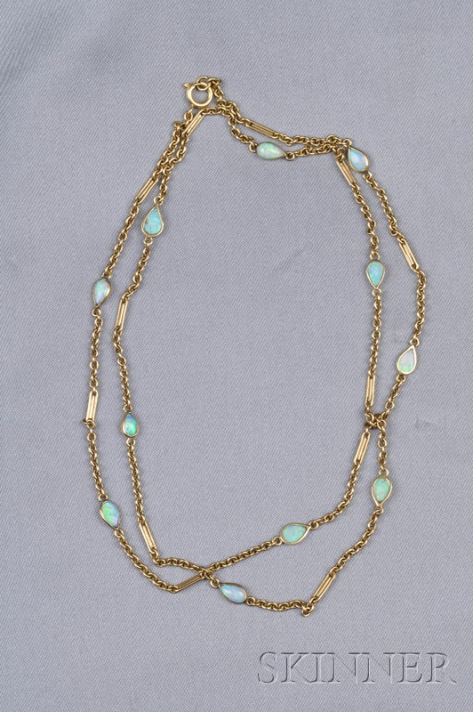 Appraisal: kt Gold and Opal Watch Chain c bezel-set with pear-shape