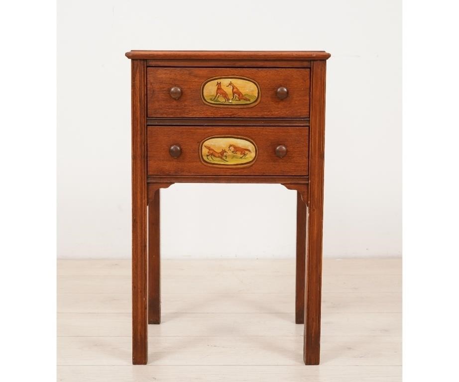 Appraisal: Chippendale style mahogany two-drawer stand decorated with foxes painted by