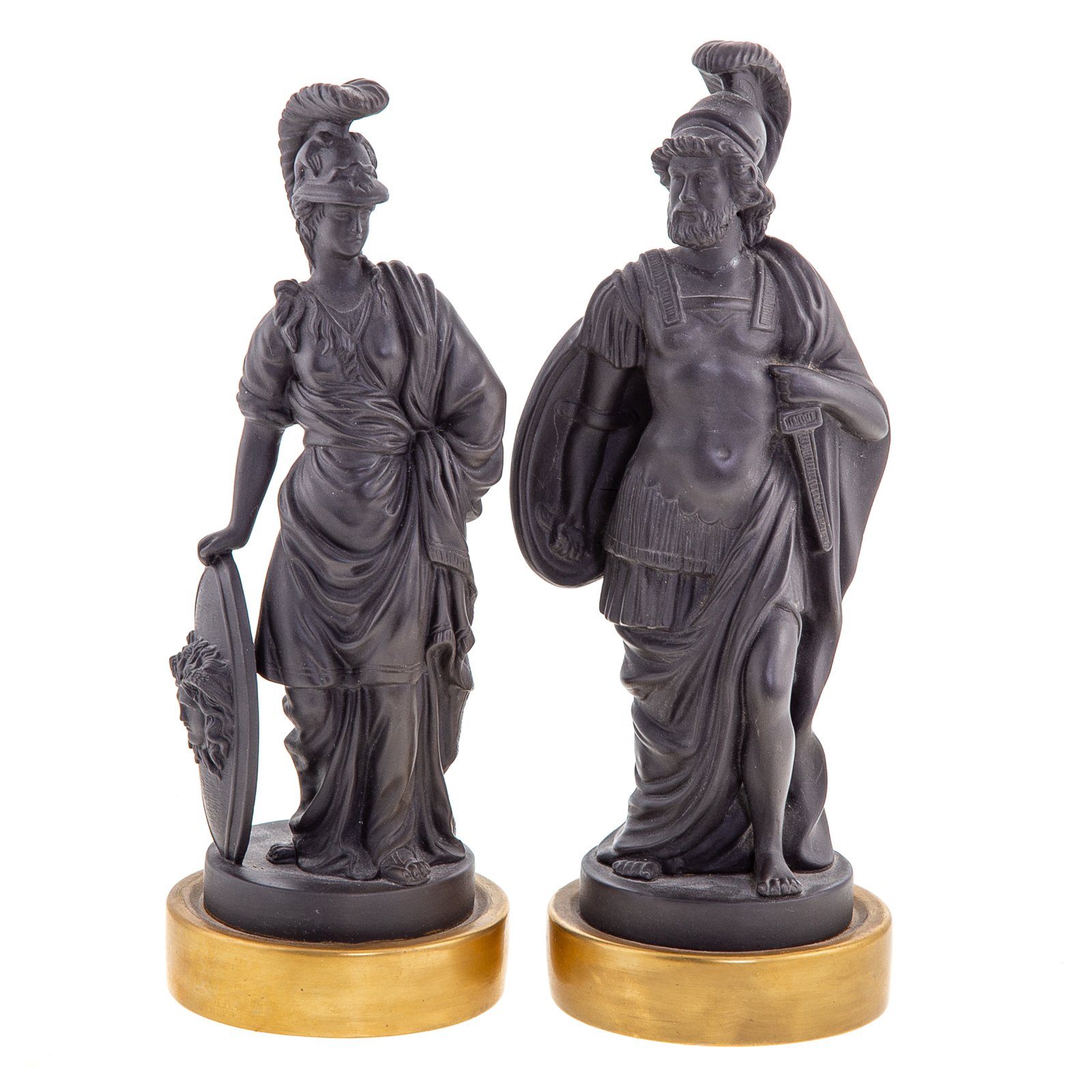 Appraisal: PAIR OF MOTTAHEDEH BLACK BASALT CLASSICAL FIGURES After Wedgwood originals