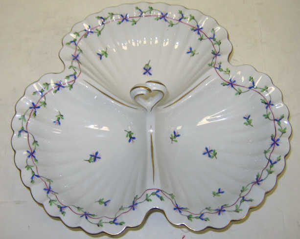 Appraisal: HEREND HUNGARY TH CENTURY Blue Garland pattern porcelain shell-form three-sectional