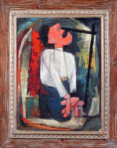 Appraisal: Till Eulenspiegel modernist composition with figure oil on panel x