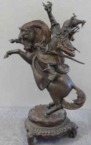 Appraisal: Asian Bronze Warrior on Horseback Probably Chinese Great quality From