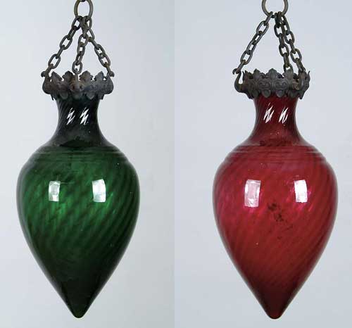 Appraisal: FINE PAIR OF APOTHECARY SHOW GLOBES Large hanging hand-blown colored